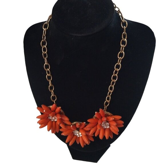 Statement 3D Orange Beaded Flower Rhinestone Gold Tone Chunky Chain Necklace J33 - Picture 1 of 5